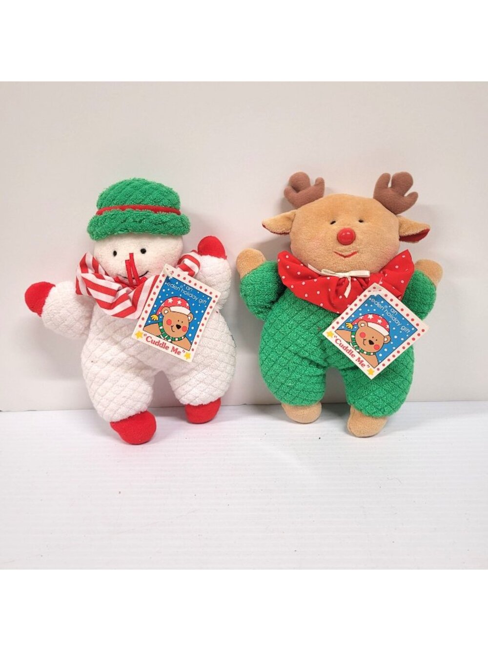 Eden Cuddle Me Set 2 Snowman & Reindeer Waffle Weave Rattle Plush 8" Toy